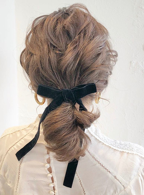 欧美风reefur梨花高级双面黑色丝绒长飘带大蝴蝶结发圈发绳发饰品