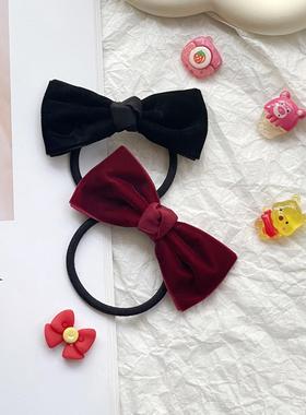 精致小巧的温柔小香丝绒酒红黑色可爱蝴蝶结发圈皮筋头花发绳发饰
