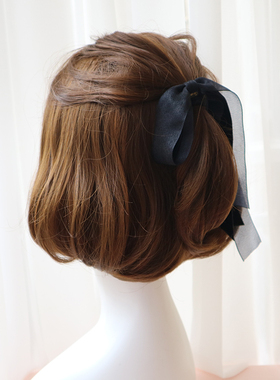 小仙女赫本风丝绒珍珠雪纱发绳黑色蝴蝶结发圈优雅头绳长飘带皮筋