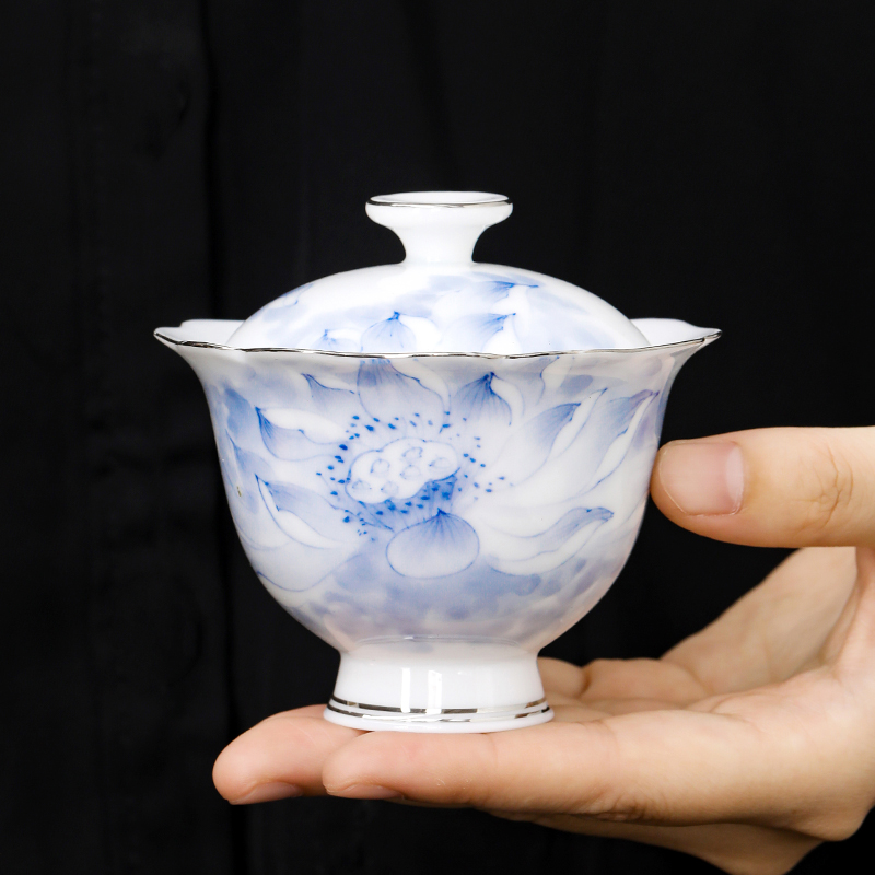 向行陶瓷手绘荷韵高脚盖碗茶杯单个家用泡茶碗定制不烫手泡茶器