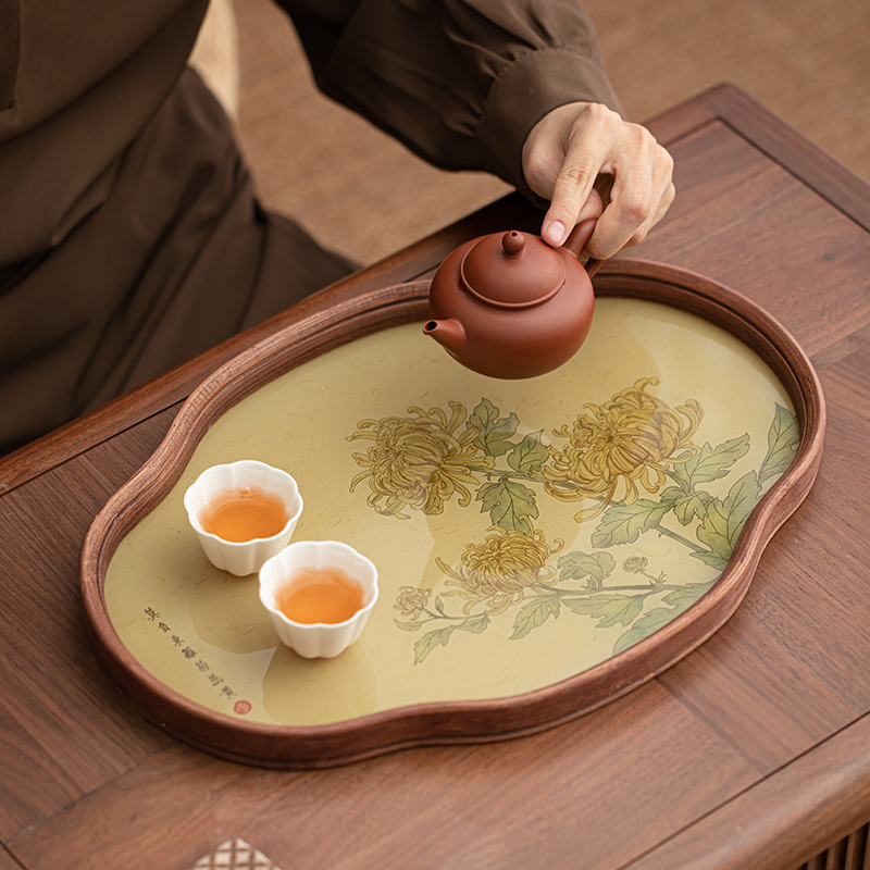 中式国潮海棠花玻璃茶托盘复古竹制茶盘简约家用茶室水果盘收纳盘