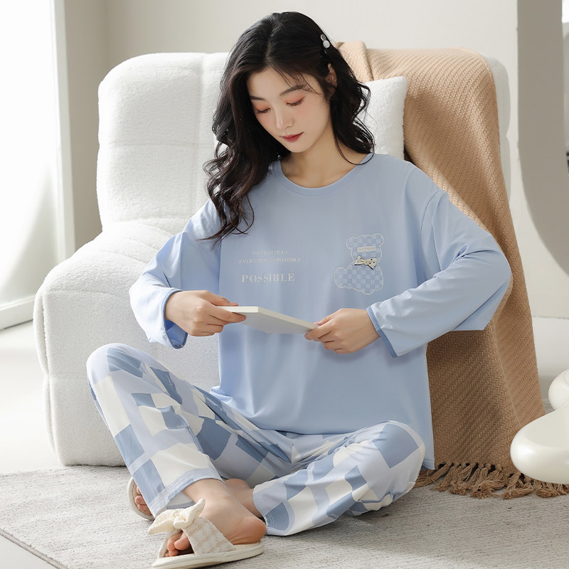 春秋季拉架纯棉睡衣青年女生休闲纯色衣格子裤外穿秋天家居服套装