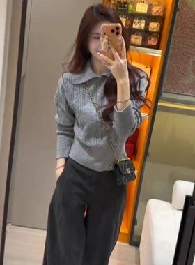 老钱风Polo衫翻领针织毛衣女秋冬新款复古麻花纹内搭长袖打底上衣