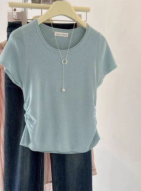 2025夏季韩系独特小个子修身短款圆领针织短袖T恤女褶皱显瘦上衣