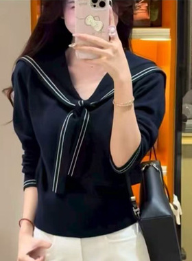 学院风海军领长袖针织衫早秋穿搭披肩拼接假两件撞色上衣女装工厂