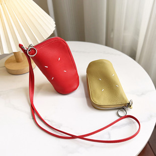 头层牛皮挂脖小包挂扣汽车钥匙包真皮锁匙口红耳机收纳包挂饰ins