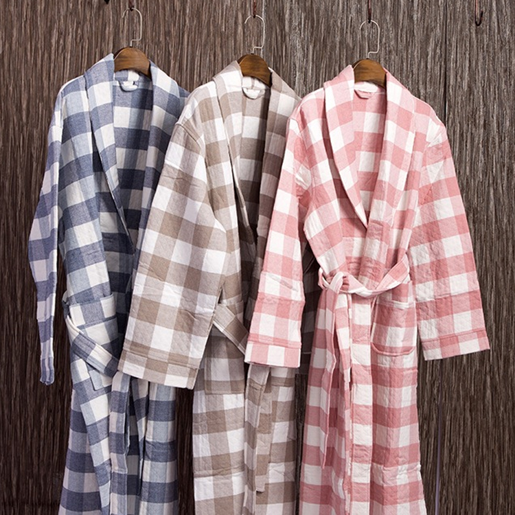 外贸日式全棉纱布方格毛巾长浴袍浴衣纯棉冬成人男女情侣酒店温泉