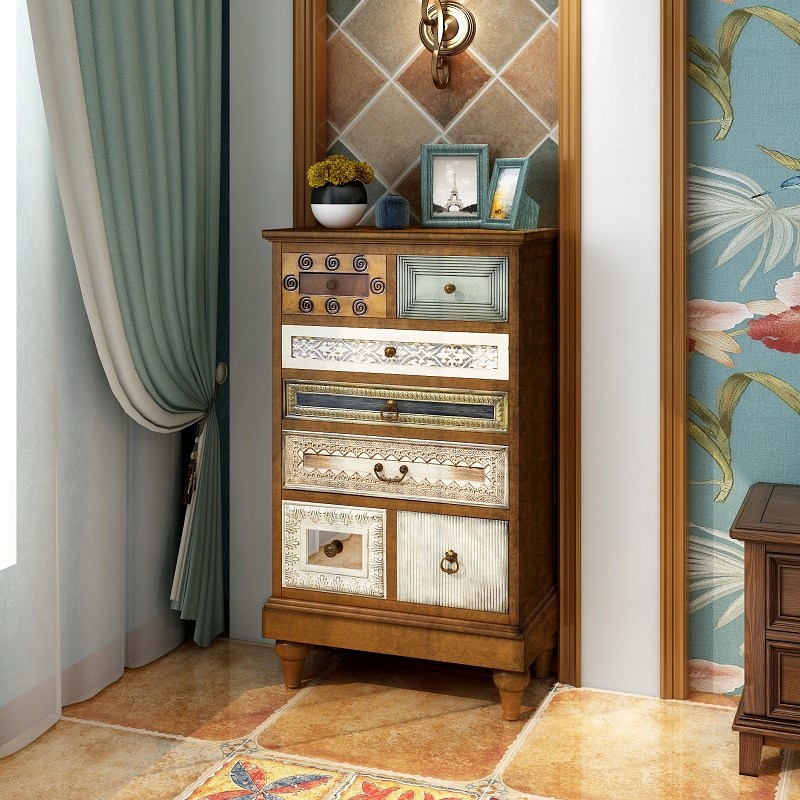美式实木五斗柜客厅玄关柜 复古阳台储物柜 卧室收纳柜子沙发边柜