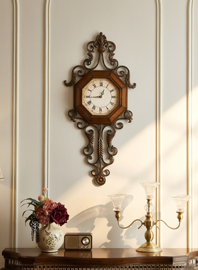 实木复古美式挂钟创意时钟表铁艺静音客厅欧式个性时尚家居装饰品