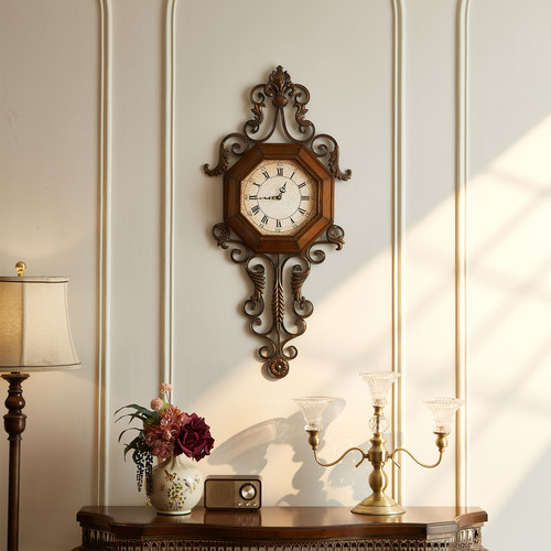 实木美式墙面钟表铁艺创意挂钟