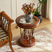 美拉德焦糖色美式沙发边几欧式实木小圆桌彩绘角几金属复古咖啡桌
