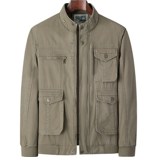 纯棉工装多口袋男士外套中老年人春秋季立领夹克衫爸爸装爷爷上衣