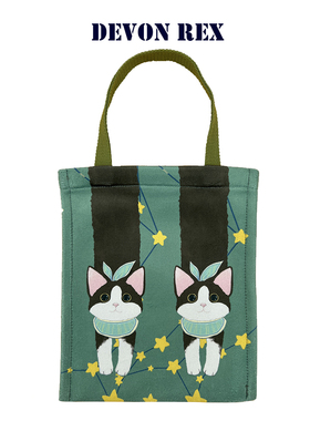 插画绿色德文卷毛猫布艺卡通动物随身帆布小挎包帆布包手提包布包