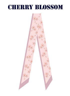 设计师手绘花卉系列蓝色粉色樱花飘带丝带长条窄丝巾发带领巾绑包