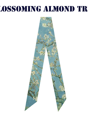 梵高花卉油画蓝色杏花树柔滑飘带丝带百搭长条窄丝巾发带绕包编发