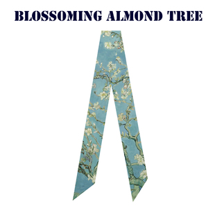 梵高花卉油画蓝色杏花树柔滑飘带丝带百搭长条窄丝巾发带绕包编发