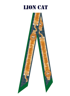 插画师手绘原创手绘绿黄色狮子猫可爱复古长款飘带窄丝巾发带绑包