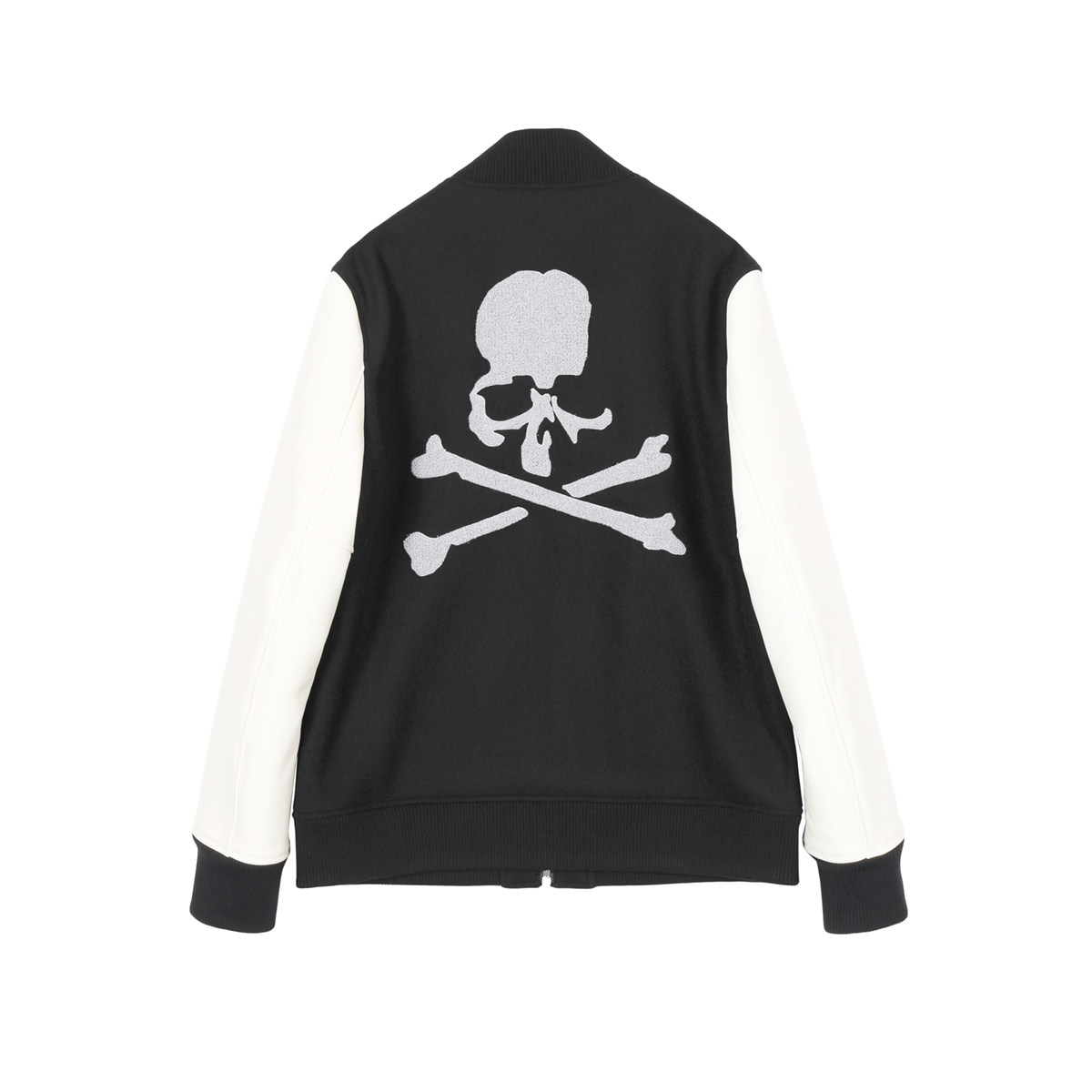 Mastermind World皮袖棒球服白色皮毛呢外套经典街头暗黑潮流夹克