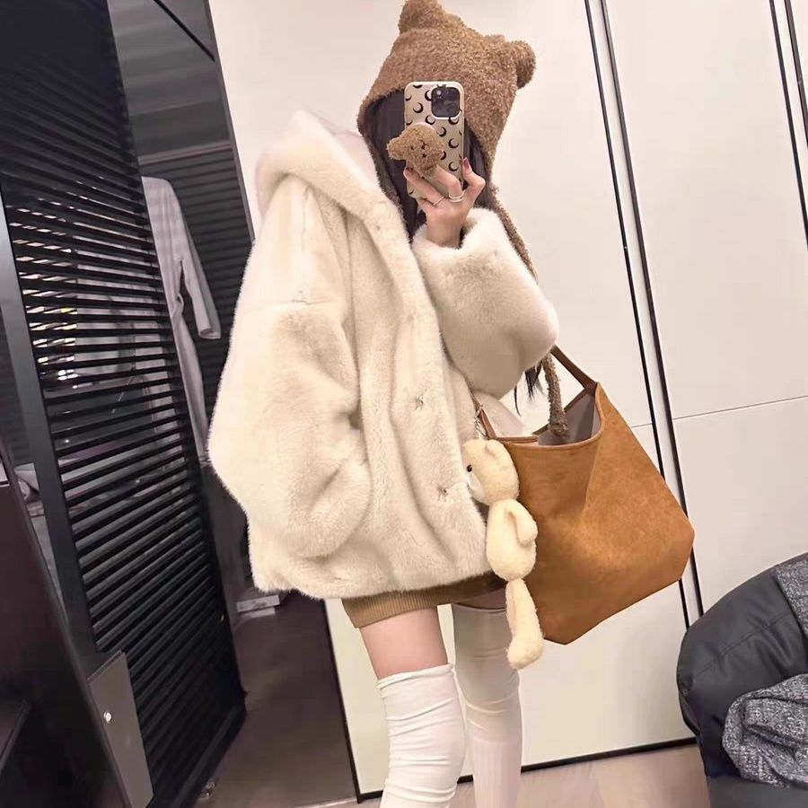 2025新款环保皮草外套女秋冬季中长款宽松加厚连帽仿水貂毛绒大衣