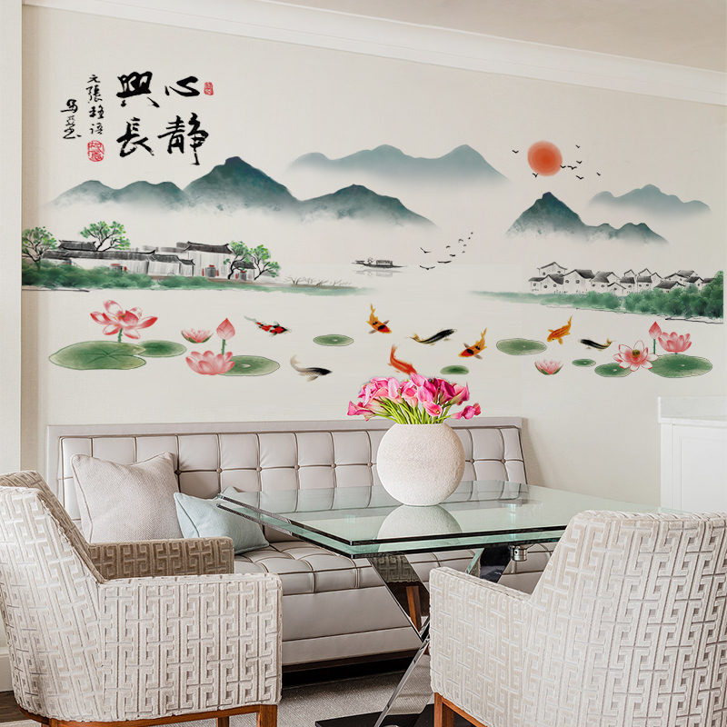 创意家和万事兴中国风电视背景墙贴山水贴画客厅墙上装饰墙壁平面图片