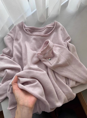 vocal超好看藕粉色卷边超大码200斤打底长袖圆领宽松休闲T恤上衣