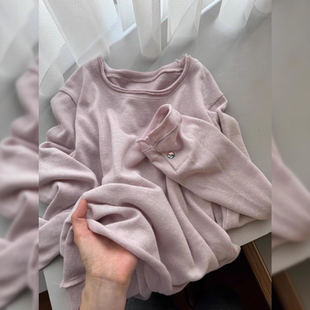 vocal超好看藕粉色卷边超大码 圆领宽松休闲T恤上衣 200斤打底长袖