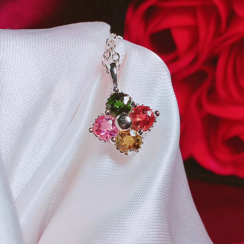 天然碧玺项链 S925银镶嵌碧玺 色彩好 简约时尚风 外贸 遇玉有缘