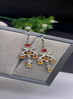 天然彩蓝宝石耳环925银金丝雀黄色蓝宝石2022新款耳钩黄色渐变色