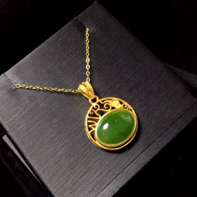 925银镶嵌碧玉古法金镀祥云镂空吊坠 锁骨链女时尚l挂坠 遇玉有缘