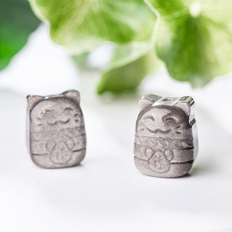 星雨 天然水晶银耀石小龙猫吊坠男女 雕刻DIY手链手串钥匙挂件