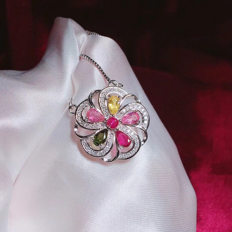 碧玺项链 S925银镶嵌碧玺 紫荆花款吊坠 精美 时尚女款  厂家