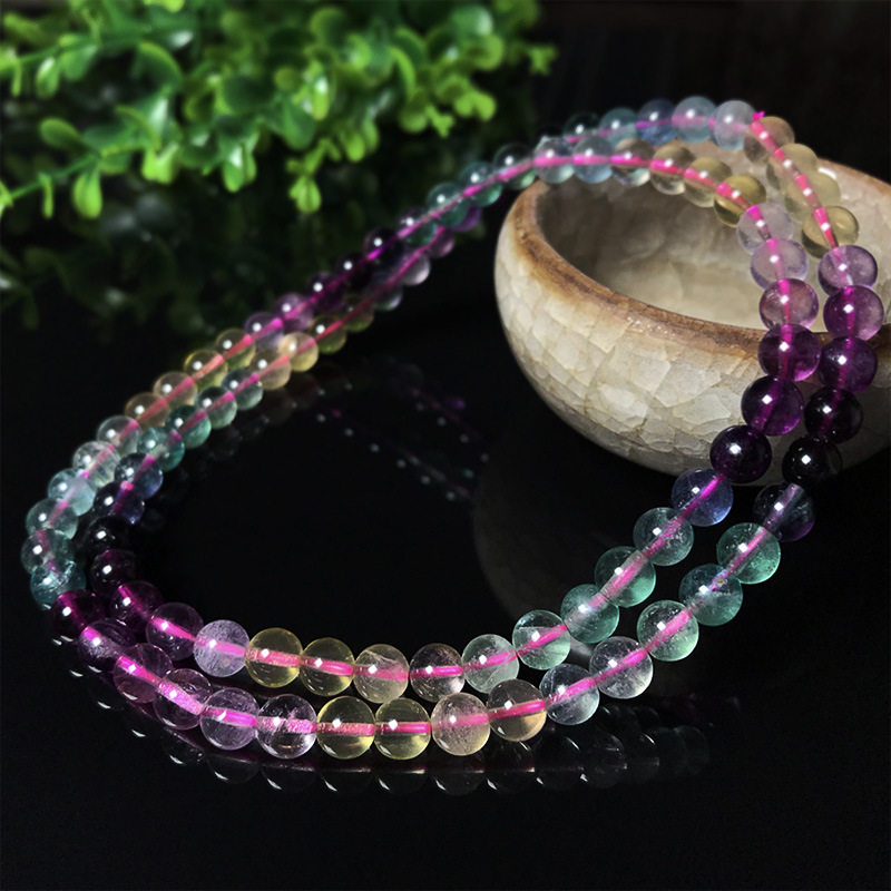 星雨 天然石水晶七彩萤石三圈多圈佛珠手链糖果色手串男女款