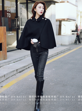 气质名媛风双面呢羊绒大衣披肩25年秋冬新款赫本小个子女红色大衣