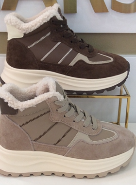 哈森HARSON新款2025秋冬季高帮平厚底加绒保暖休闲女鞋HCA251605