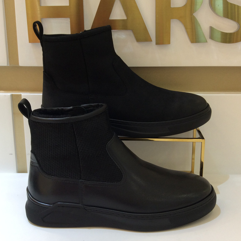 哈森圆头平底百搭毛里保暖男皮靴