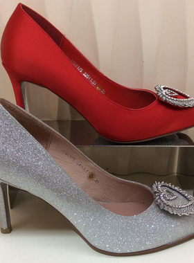 断码特惠哈森HARSON正品春秋季HS07175细高跟尖头水钻女单红婚鞋