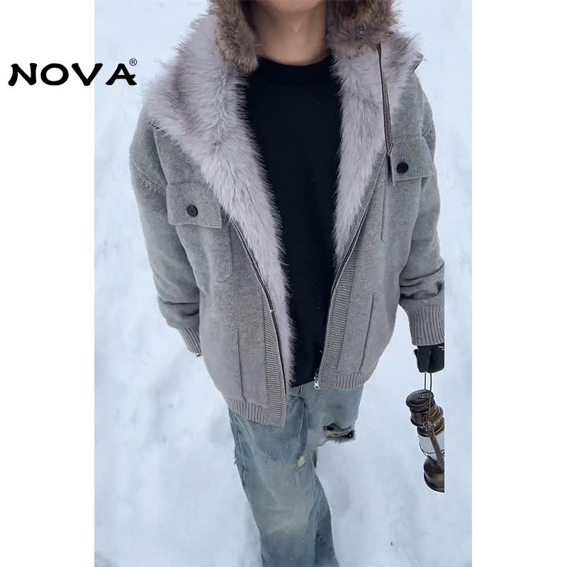 【意大利高端潮牌】毛领毛衣外套男款冬季加绒加厚针织衫夹克棉服