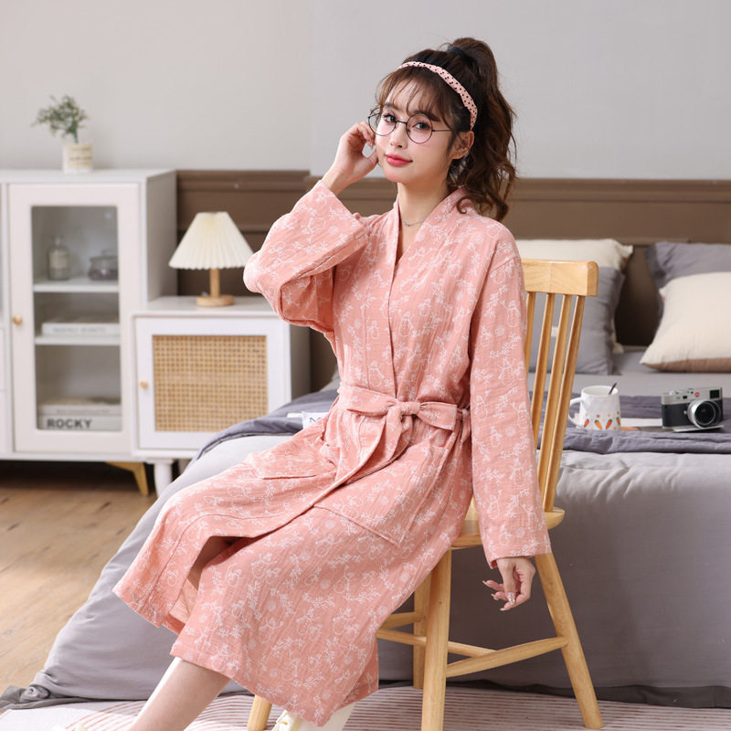 纯棉双层纱布浴袍游泳春秋毛巾料家居服睡衣情侣睡袍吸水速干浴衣