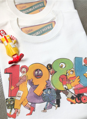 美式复古vintage麦当劳怀旧日系卡通可爱印花重磅纯棉短袖情侣潮