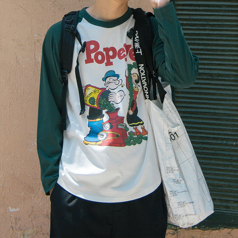 麻烦士多popeye大力水手vintage街头潮流复古印花撞色长袖上衣t恤