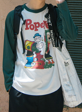 麻烦士多popeye大力水手vintage街头潮流复古印花撞色长袖上衣t恤