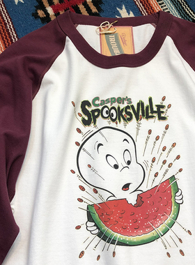 麻烦士多自制日系复古卡通印花纯棉圆领插肩学院风重磅t恤男女款