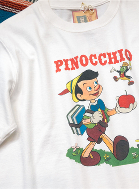 麻烦士多别说谎匹诺曹vintage古着美式复古重磅白色短袖男女款t恤