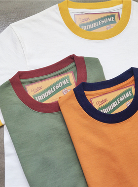 新疆棉美式复古撞色学院风格重磅270gT恤阿美咔叽纯色男女打底衫