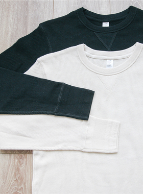 麻烦士多重磅华夫格领口补强复古阿美咔叽纯棉长袖t恤打底衫男女