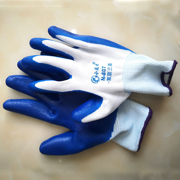 13针白弹力尼龙蓝丁腈防护耐磨浸胶耐油劳工透气薄款胶皮劳保手套