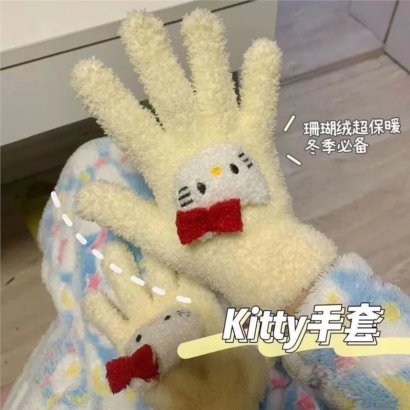 冬季女日系可爱五指加绒触屏手套