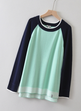 外贸美国单TALB*S女装~拼色圆领套头毛衣秋冬季 前短后长针织衫