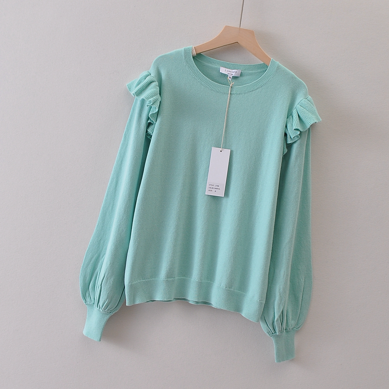 外贸js**y元单秋冬女装套头荷叶边长袖毛衣打底衫 纯棉圆领针织衫