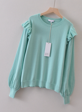 外贸js**y元单秋冬女装套头荷叶边长袖毛衣打底衫 纯棉圆领针织衫